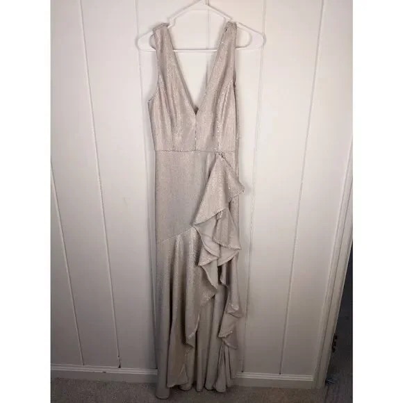 Women's V-Neck Ruffle Slit Sequin Dress - Picture 1 of 3